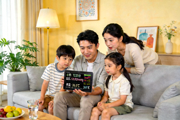 家庭健康管理场景 - 一家人在客厅通过平板查看健康数据
