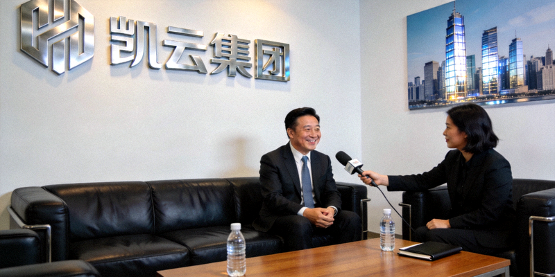 凯云集团董事长在现代化会议室接受媒体专访 - 董事长面带微笑，背景是集团logo和城市天际线照片