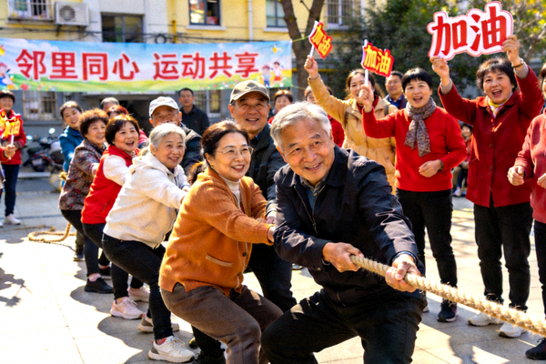 上海社区邻里运动会拔河比赛现场，居民们齐心协力气氛热烈