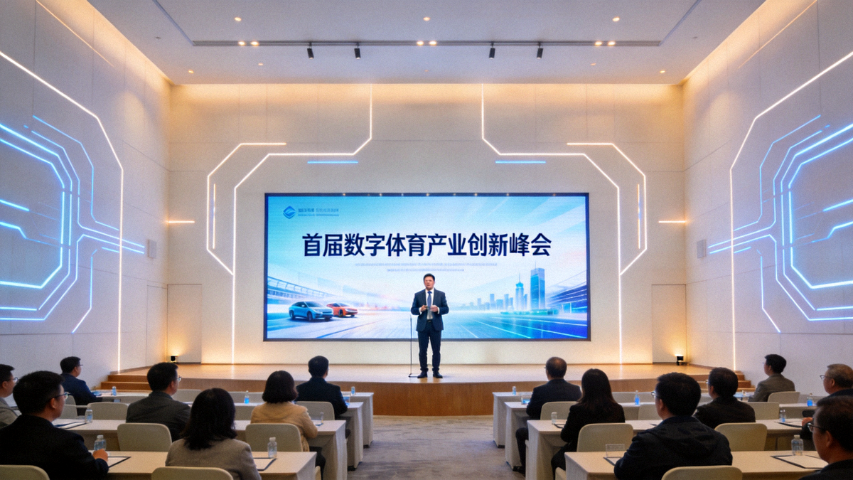 首届数字体育产业创新峰会主会场全景 - 行业领袖在现代化会议厅发表演讲